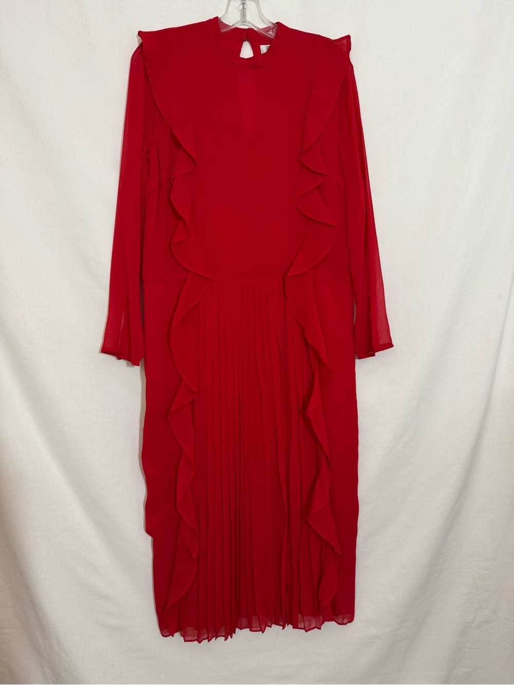 Little Moon Red Long-Sleeve Ruffle Pleated Midi Dress